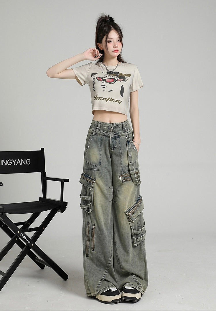 Y2K Multi-Zip Wide Cargo Denim Pants mry001672