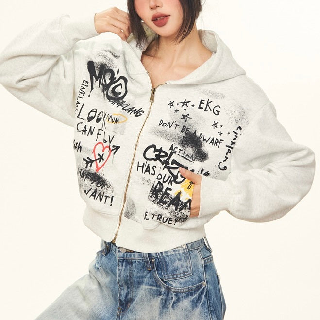 2カラー展開 アメリカン 韓国ストリート 韓国カジュアル レトロ 落書き ジップアップトップス パーカー mry001414
