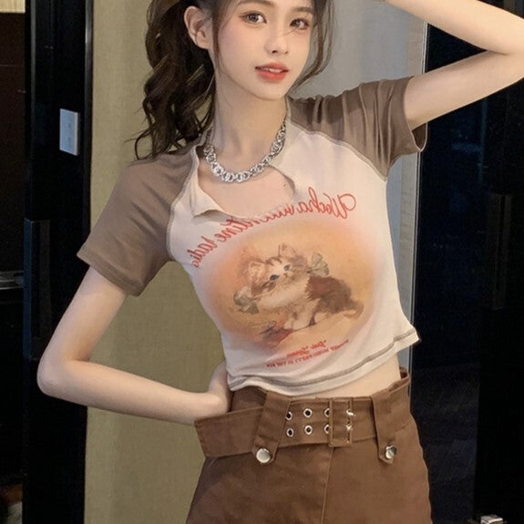 【送料無料】2カラー展開 クロップド丈 キャット デザインTシャツ mry000650
