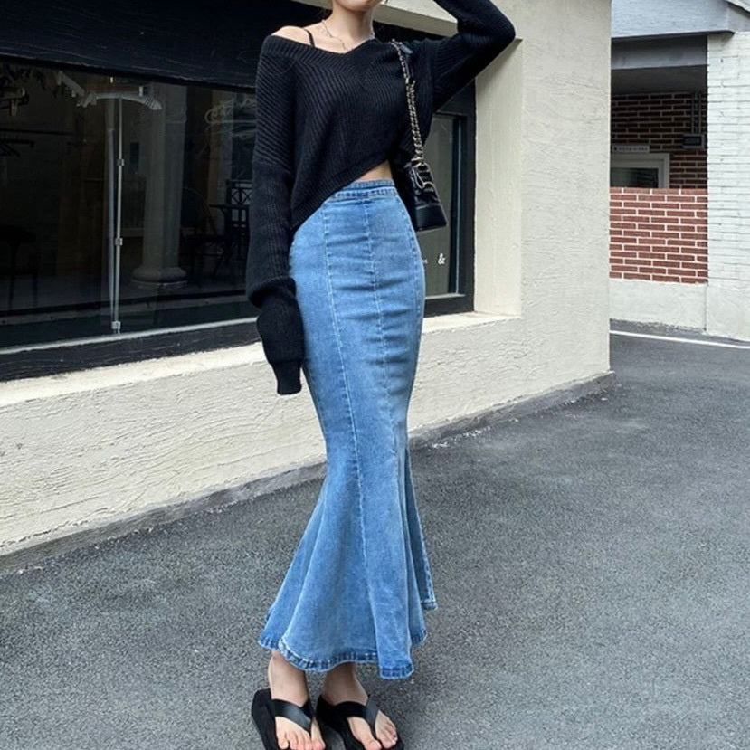 【Chéri】2カラー展開 韓国カジュアル 韓国ストリート デニム生地 ロングスカート mry001153