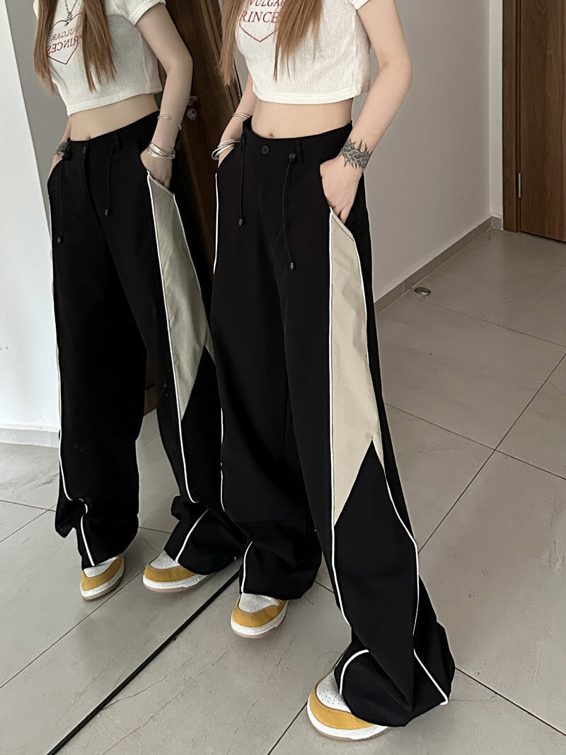 2カラー展開 2023SS カラーブロッキング デザイン アメリカン レトロ ワイドレッグパンツ ユニセックス 韓国ストリート韓国カジュアル mry000910
