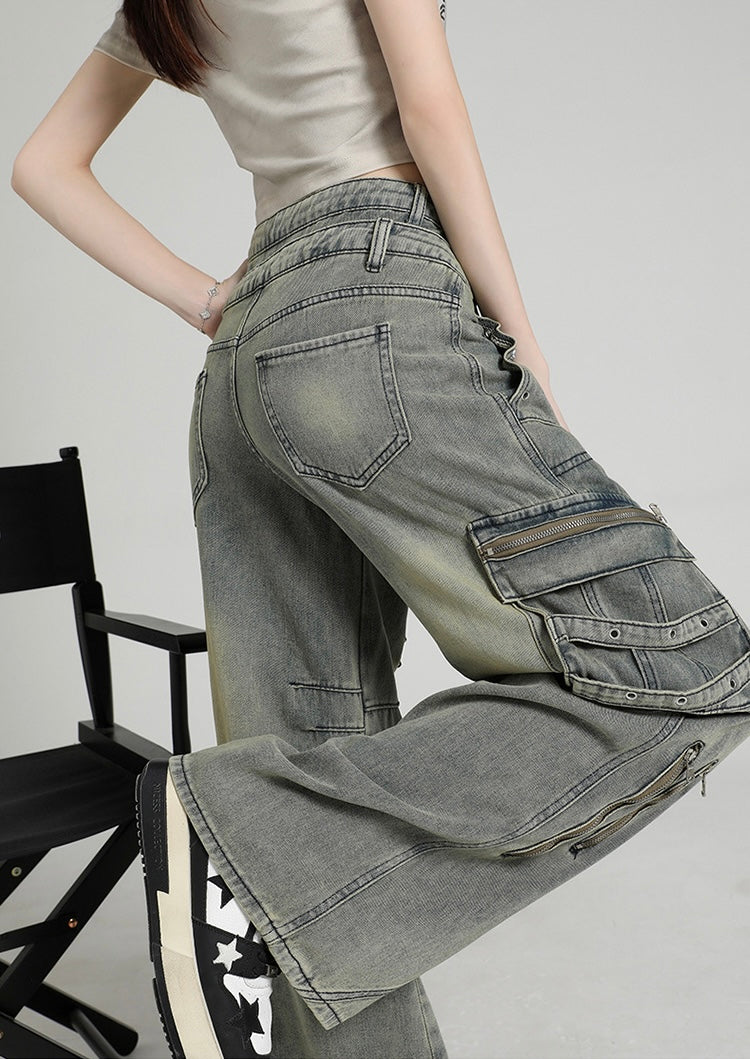 Y2K Multi-Zip Wide Cargo Denim Pants mry001672