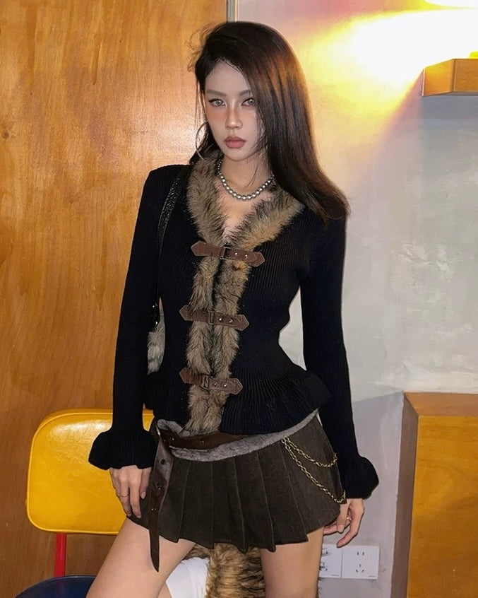 Faux Fur Toggle Knit Cardigan mry002093