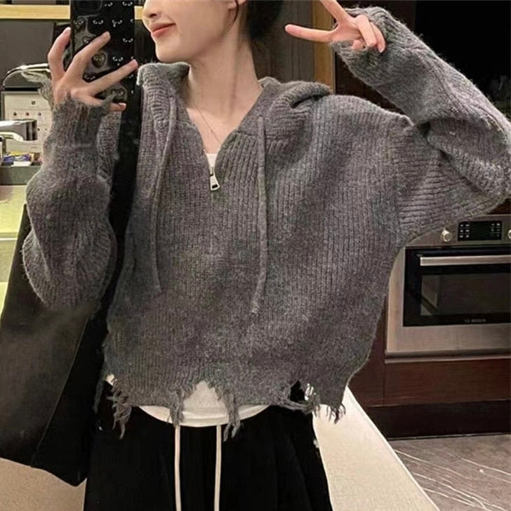 4カラー展開 韓国カジュアル 韓国デザイン ダメージ加工 ジップアップパーカー mry001088