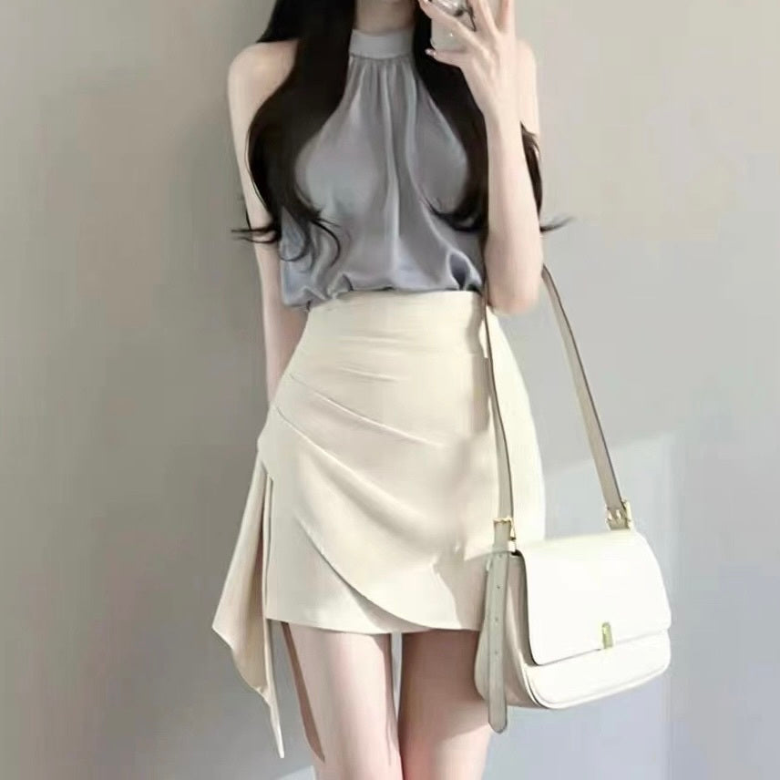 ホルターネック ノースリーブシャツ + アシメミニスカート セット mry000185