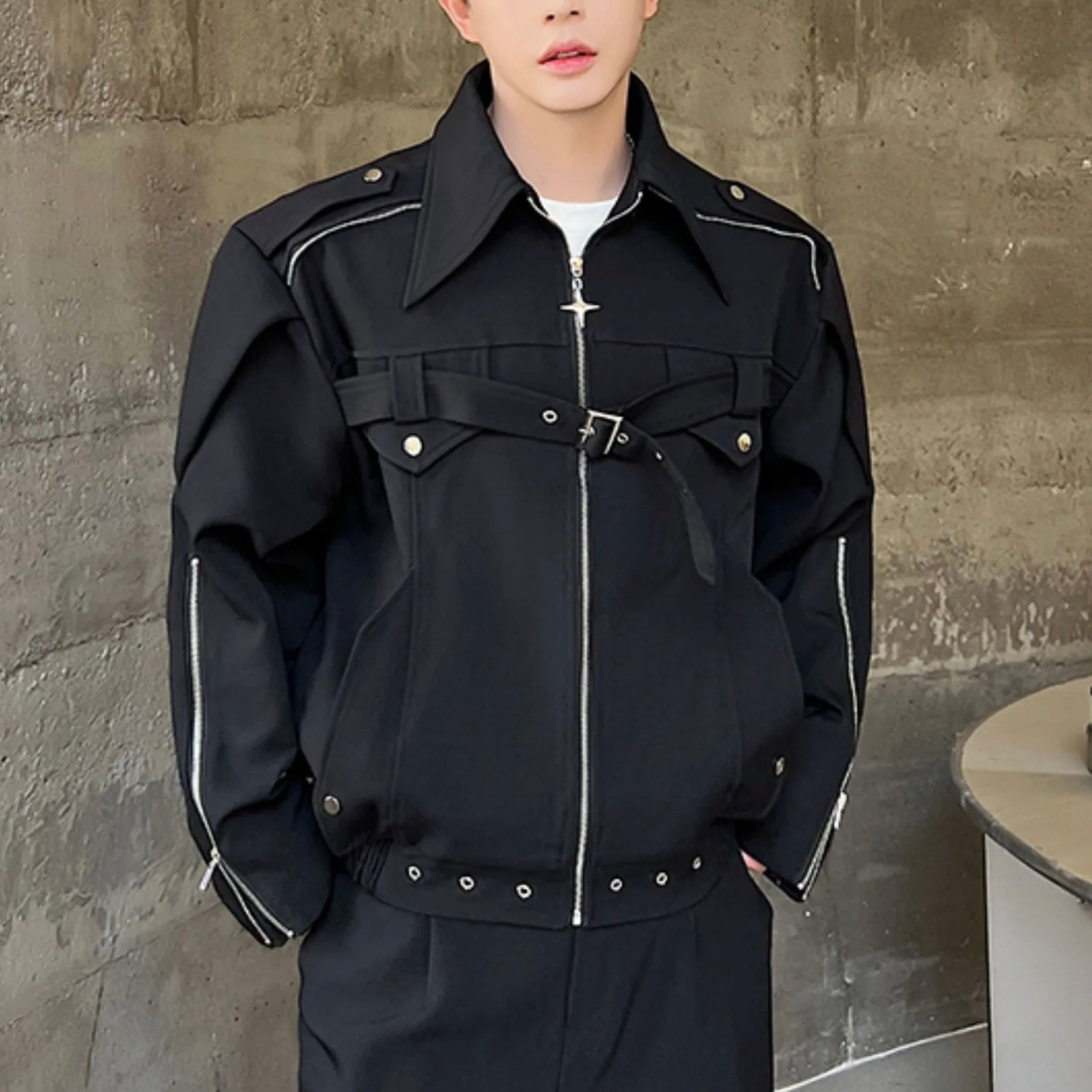 韓国ストリート 韓国カジュアル ベルト付き ファスナージャケット mry001244