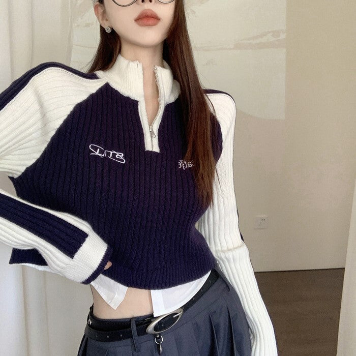 【送料無料】ハーフジッパー ニット 2カラー 韓国ストリート 韓国カジュアル クロップド丈 mry000559