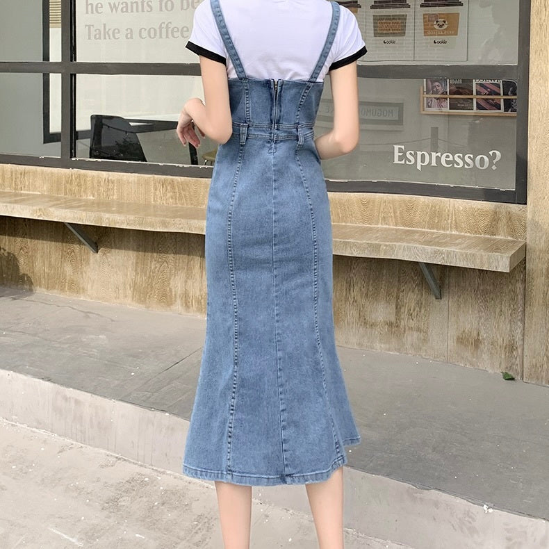 デニム生地 サスペンダー ウエストスリム ロングワンピース mry000031