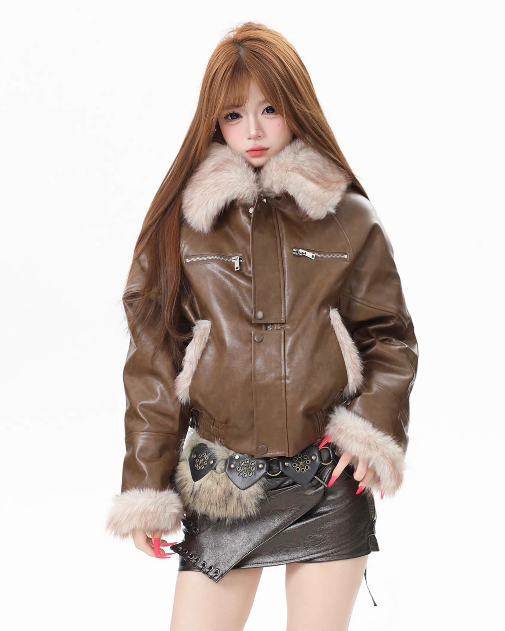 Faux Leather Fur-Trim Short Jacket mry002011