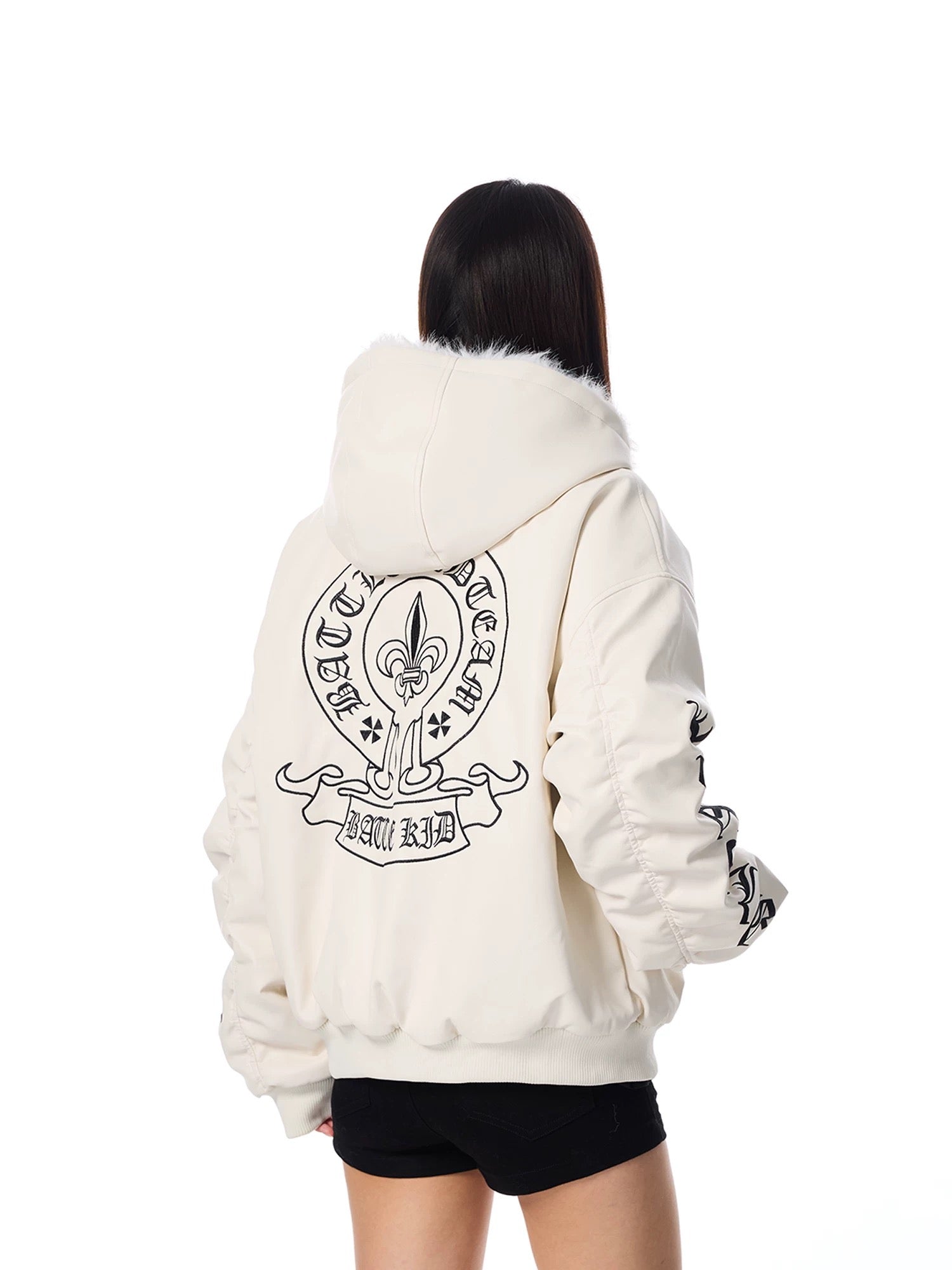 Fur Hood Graphic Leather Jacket mry001992