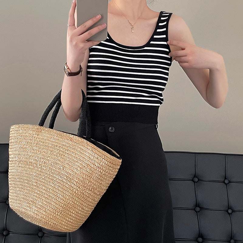 【送料無料】ストライプ 3カラー展開 ノースリーブ ショート丈 ニット シャツ mry000635