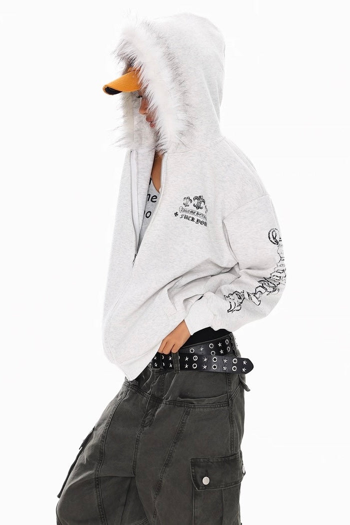 Fur Hood Gothic Zip Hoodie Jacket mry002246