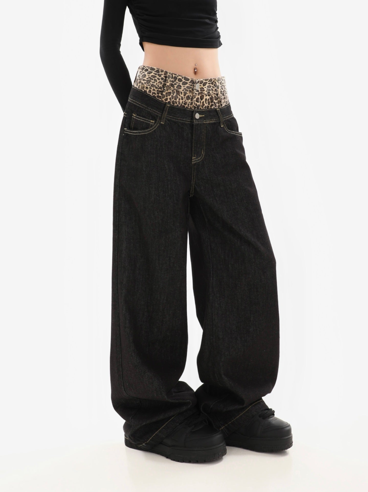 Leopard Waistband Wide-Leg Jeans mry001853