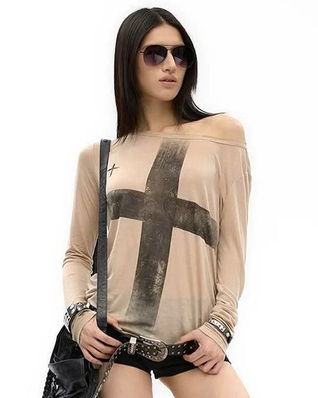 【2color】Cross Print Off Shoulder Tops mry001850