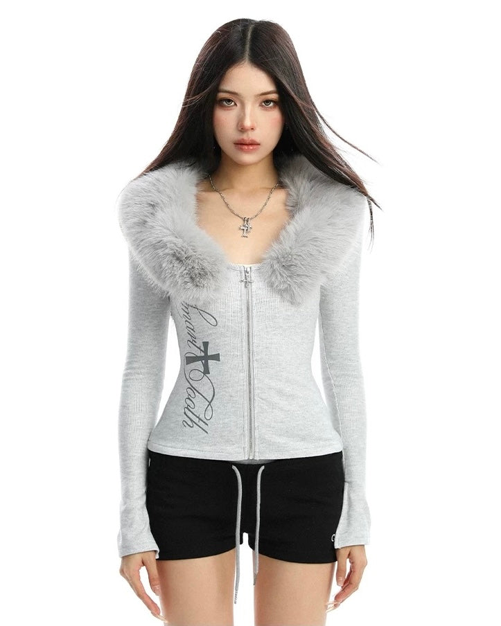 Slim Fit Fur Collar Top mry002103