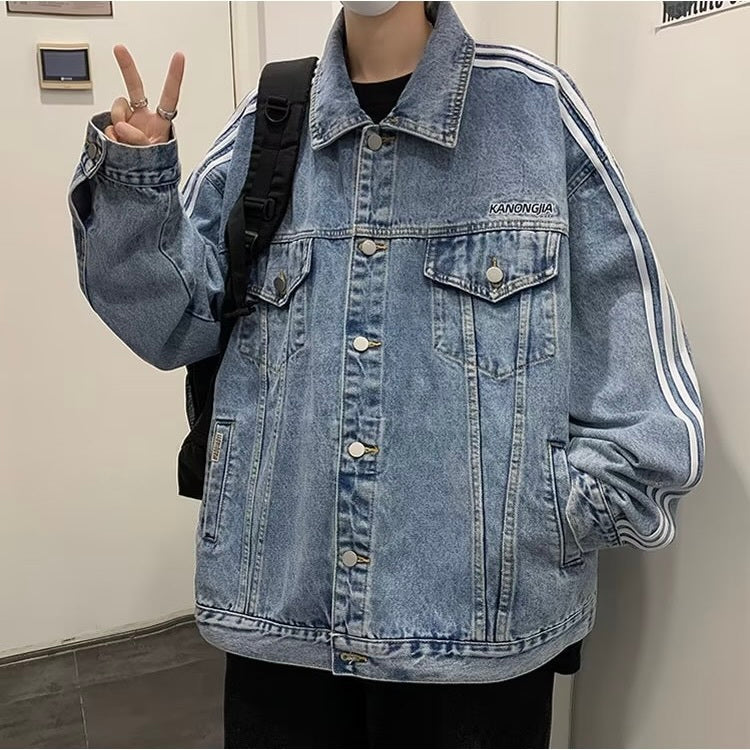 2カラー展開 韓国ストリート 韓国カジュアル ライン入り レトロ デニムジャケット mry001271