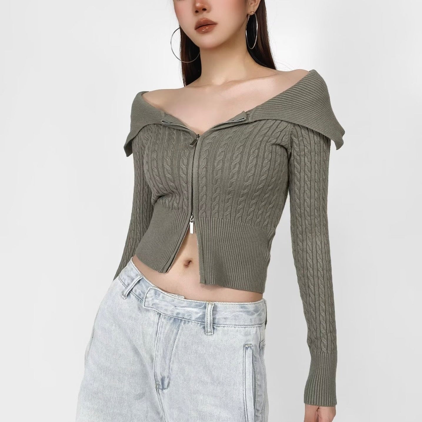 4カラー展開 韓国デザイン 韓国カジュアル オフショルダー リブ編みニット カーディガン mry001118