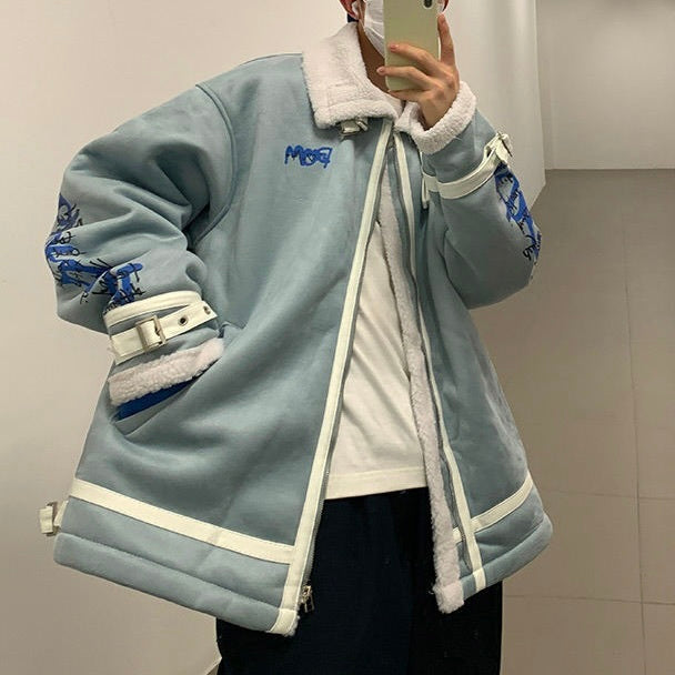 2カラー展開 韓国ストリート 韓国カジュアル トレンド バックプリント ハイネック ムートンジャケット mry001253