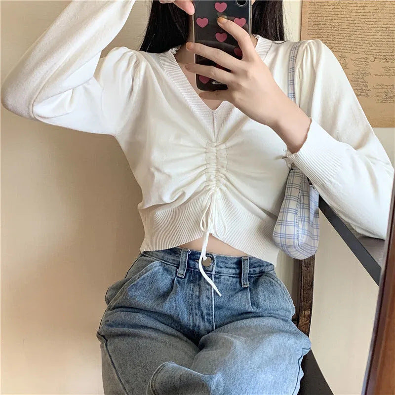 フロント縛り ランタン袖 クロップド丈 Tシャツ mry000213