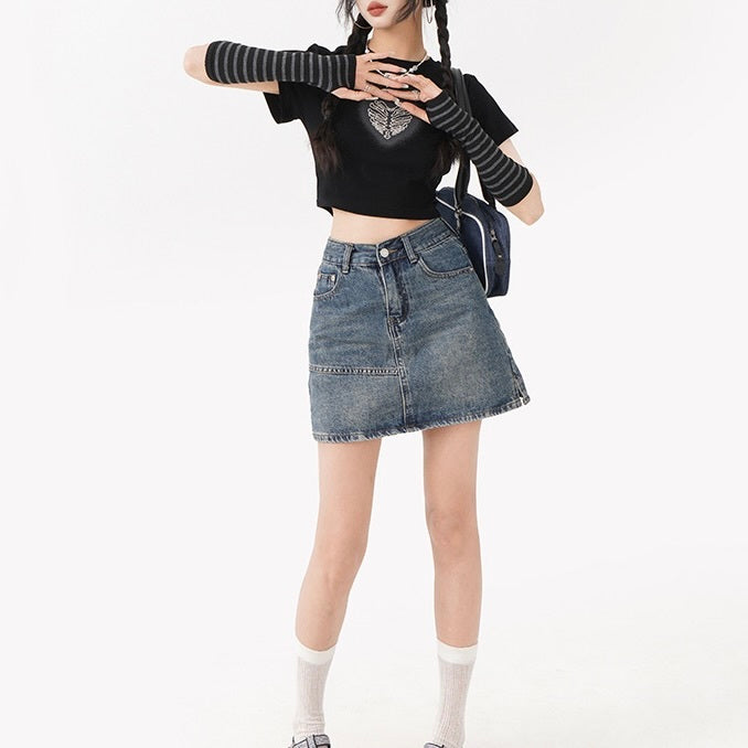 2023SS アームカバー付き クロップド丈 ハート プリント 半袖 Tシャツ 韓国ストリート韓国カジュアル mry000852