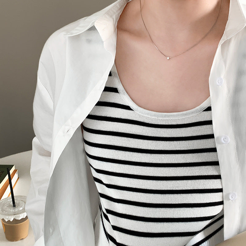 【送料無料】ストライプ 3カラー展開 ノースリーブ ショート丈 ニット シャツ mry000635