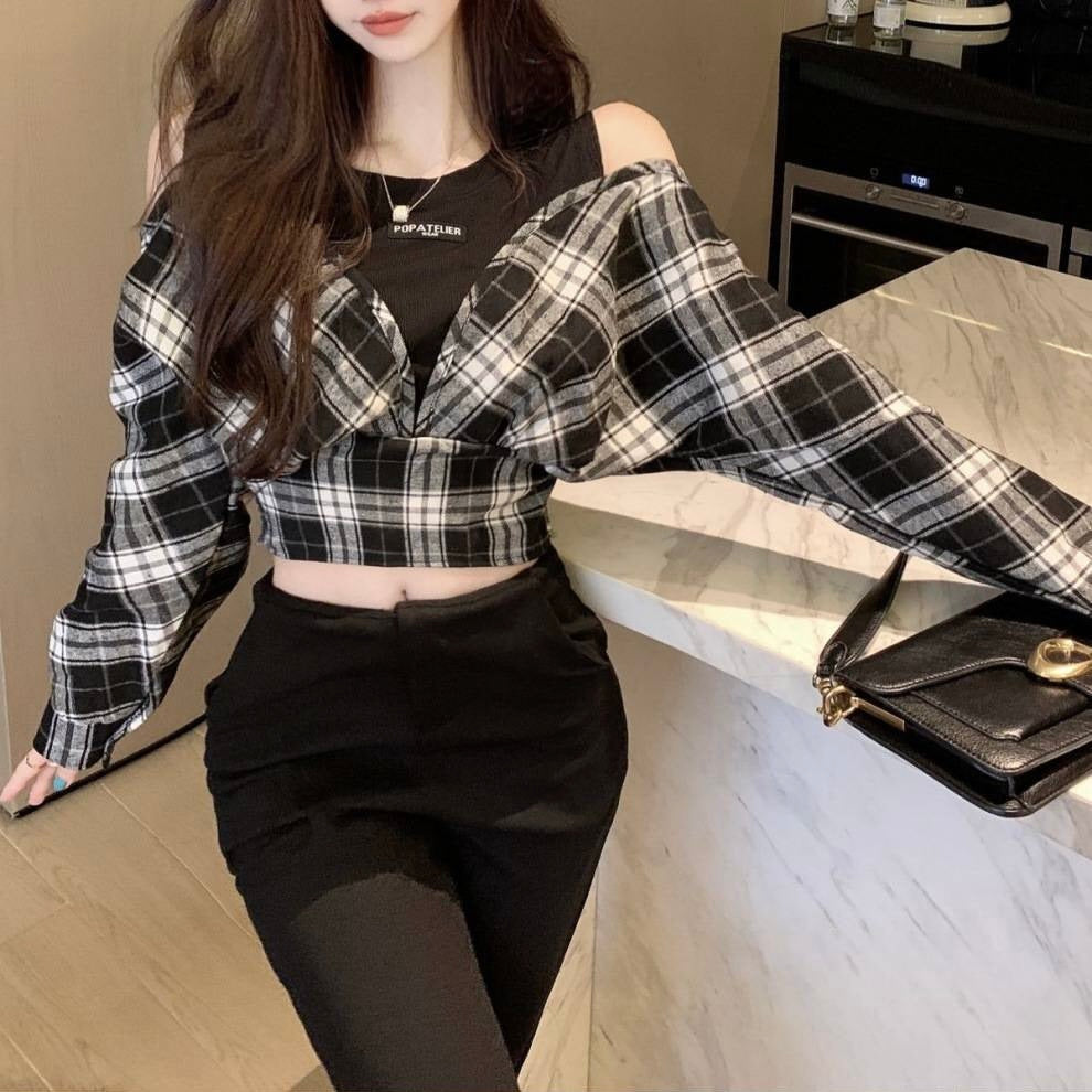 ラウンドネック フェイクツーピース 長袖 チェックシャツ mry000120