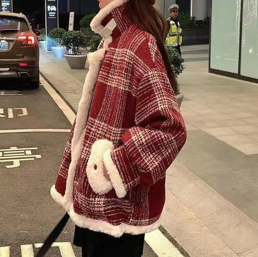 モコモコチェック柄 ハイネックジャケット mry000486