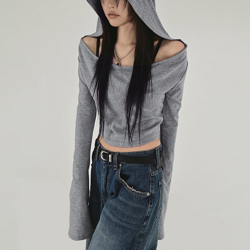 Off-Shoulder Hooded Crop Top mry001664