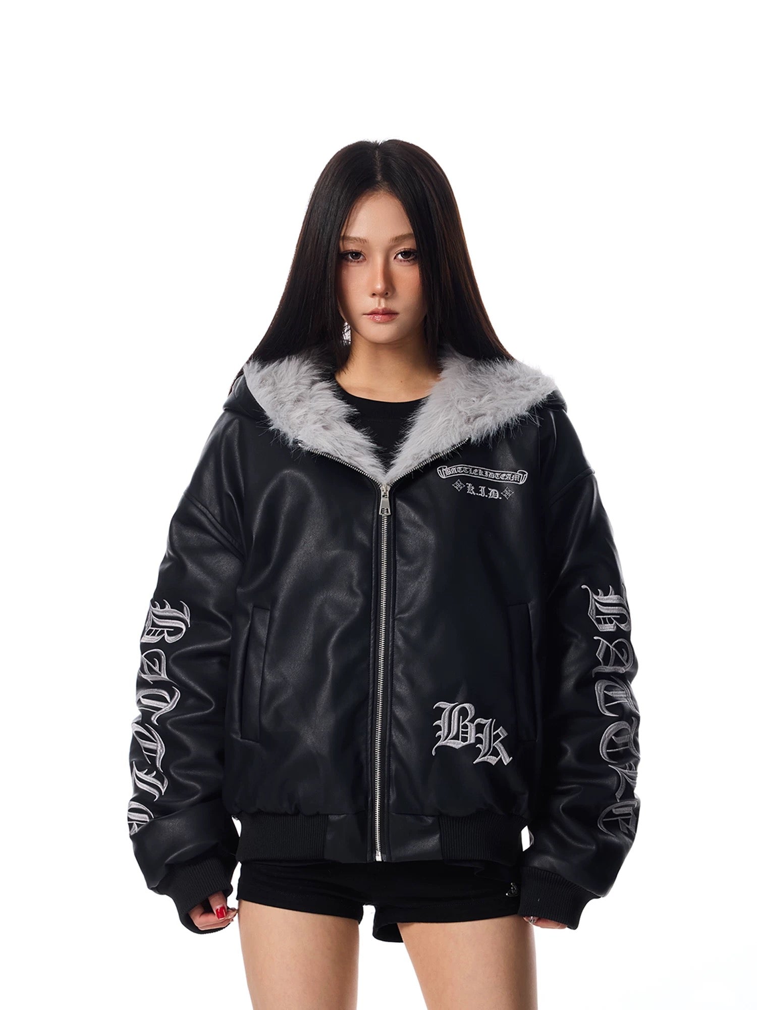 Fur Hood Graphic Leather Jacket mry001992