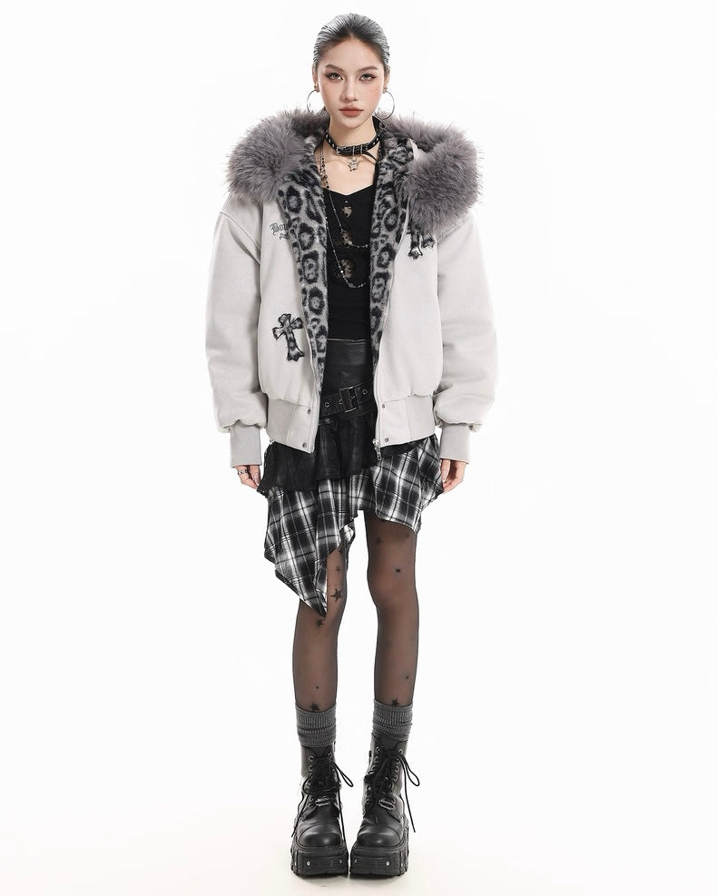 Leopard Lined Fur Hood Jacket mry002068