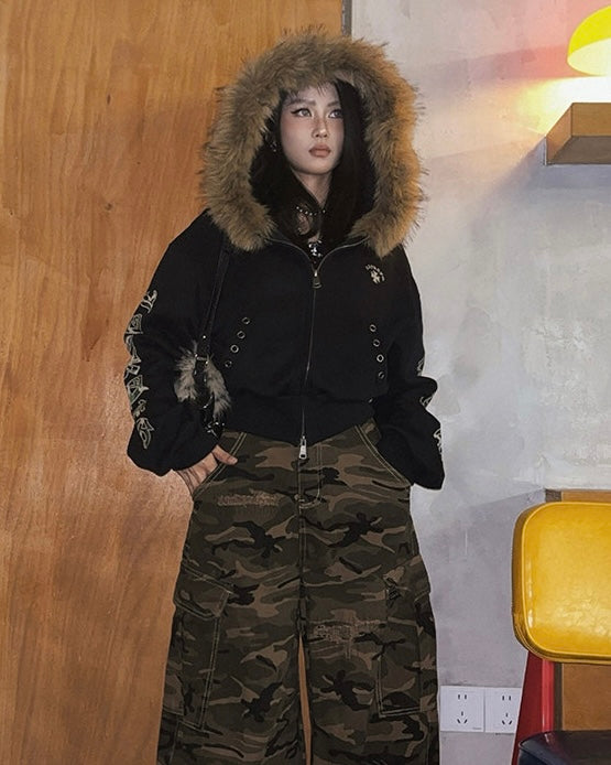 Fur Hooded Zip-Up Jacket mry002019