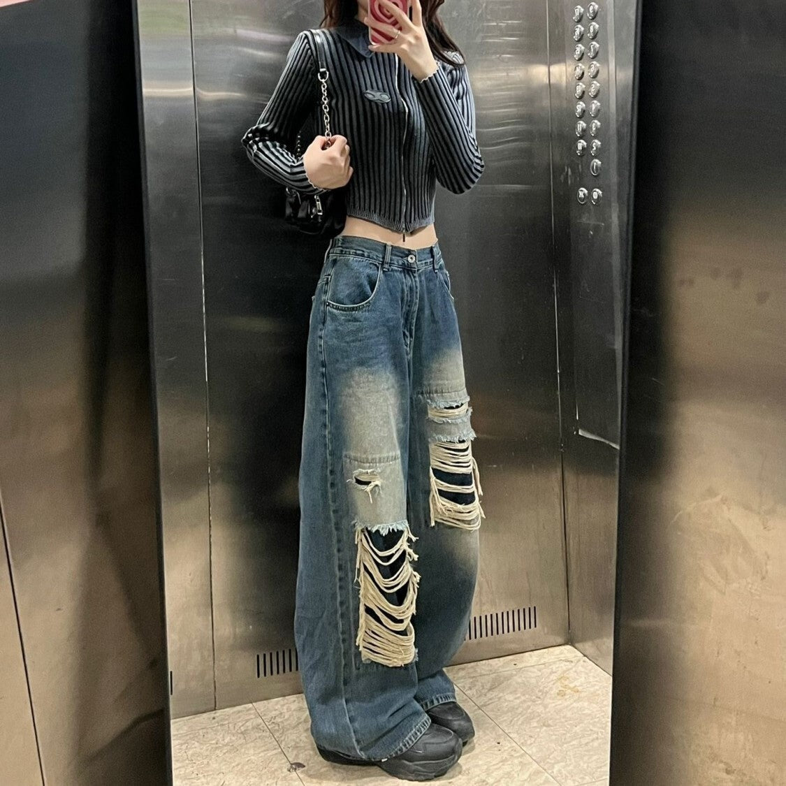 【送料無料】アメリカン レトロ ビッグシルエット ハイウエスト ジーンズ mry000655