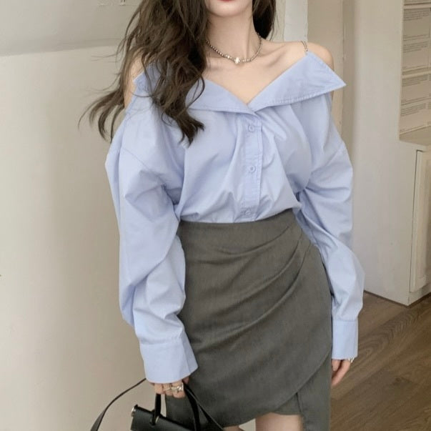 オフショルダー シックブルー シャツ mry000231