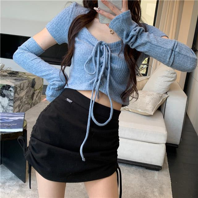 【送料無料】2カラー展開 韓国ホットガール スリムフィット トップス 半袖 ニットセーター mry000672