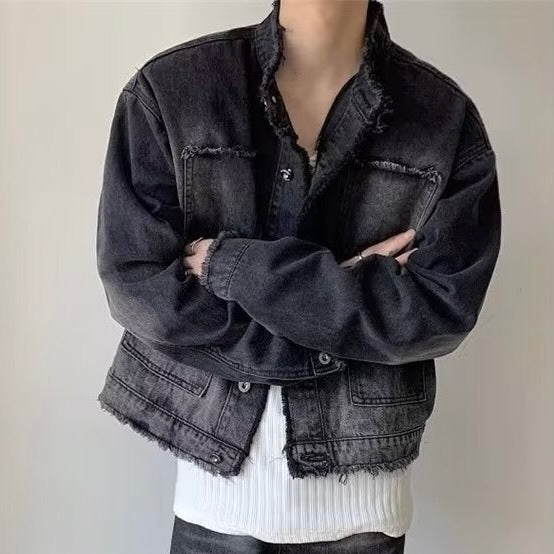 2カラー展開 韓国ストリート 韓国カジュアル デニム生地 ヴィンテージ 襟なし ジャケット mry001248