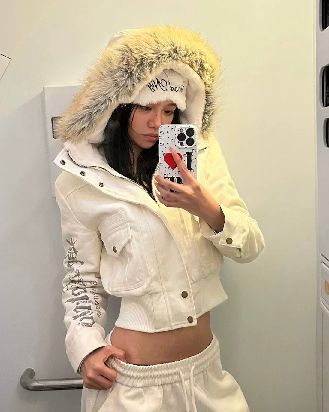 Fur Trim Hooded White Jacket mry002001