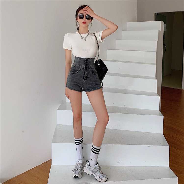 【送料無料】2カラー展開 ハイウエスト デニム ショートパンツ スリム ホットパンツ mry000669