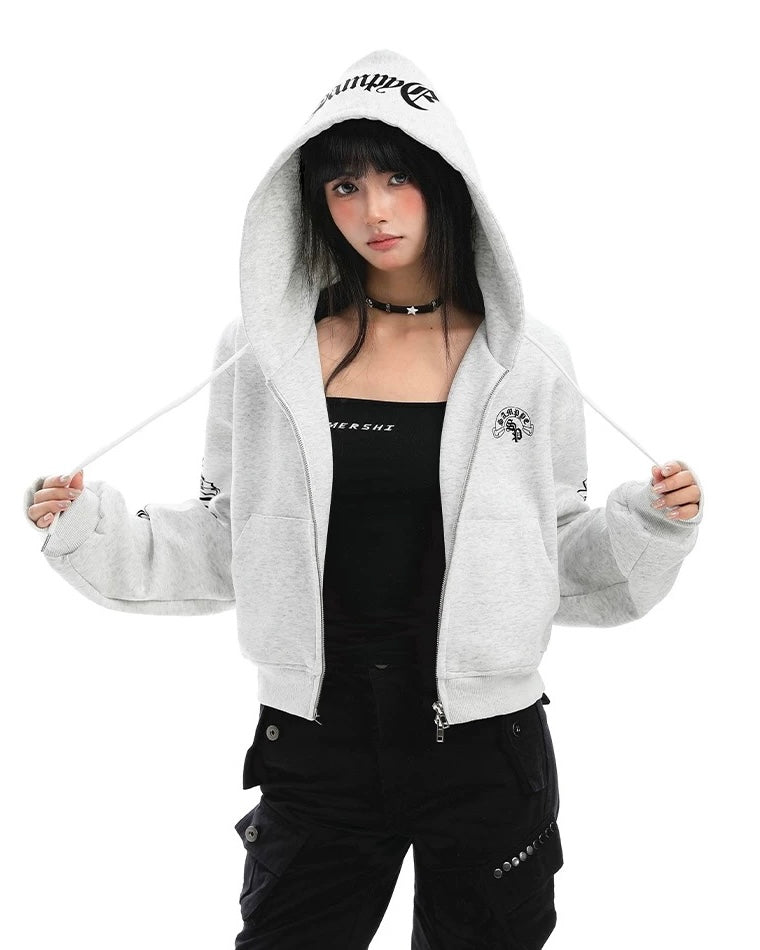 【Tops】Gothic Logo Cropped Zip Hoodie mry001888