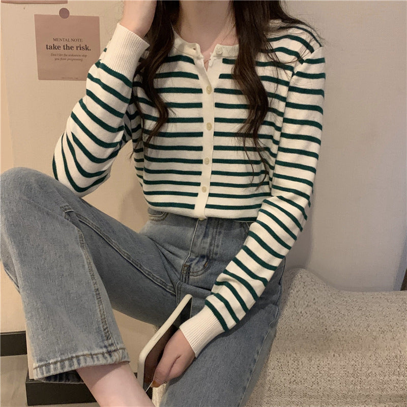 ラウンドネック ストライプ ニットカーディガン mry000070