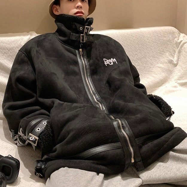 2カラー展開 韓国ストリート 韓国カジュアル トレンド バックプリント ハイネック ムートンジャケット mry001253