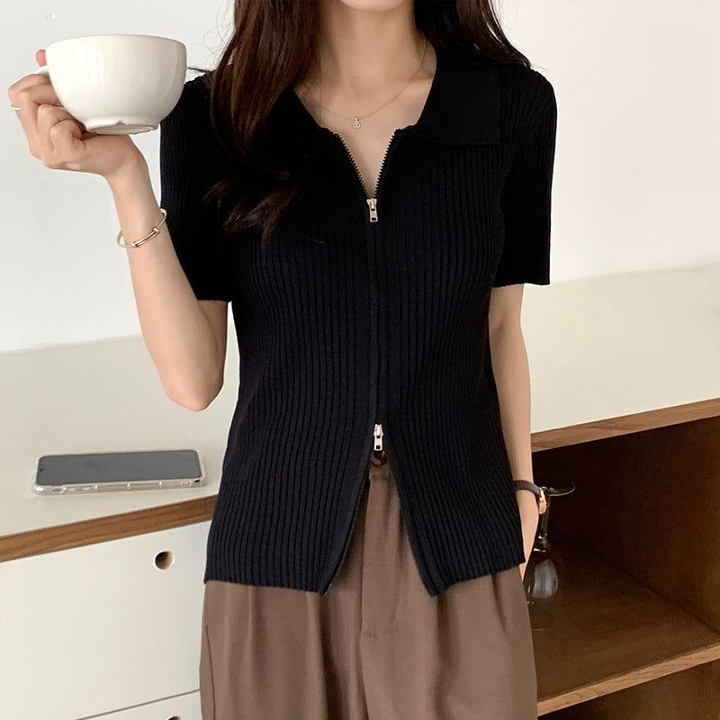 ラペルジッパートップス 薄手ニット 半袖 mry000009