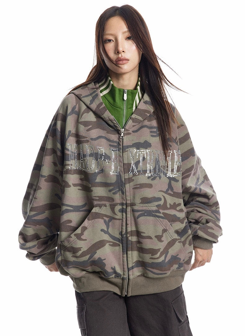 Rhinestone Camo Oversized Zip Hoodie mry001634