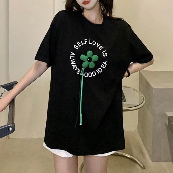 フラワープリント ミドル丈 Tシャツ mry000138