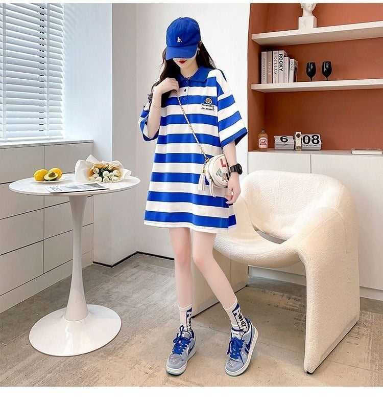 ミドル丈 ストライプ 半袖 ポロシャツ mry000042