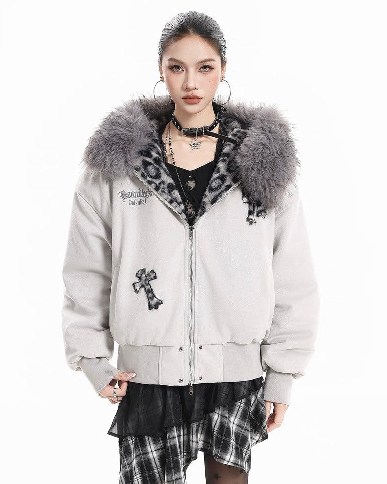 Leopard Lined Fur Hood Jacket mry002068