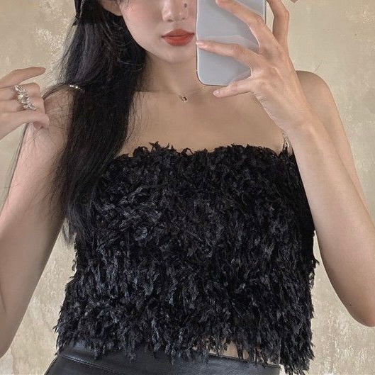 4カラー展開 アメリカン 韓国デザイン 韓国カジュアル ショート丈 フェザートップ mry001149