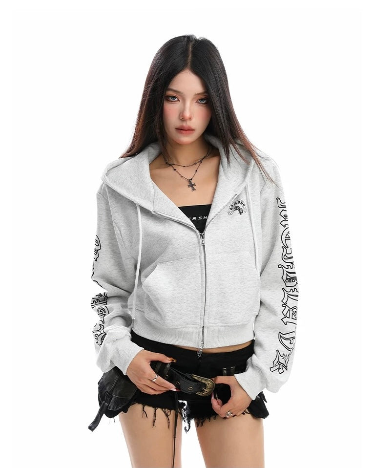 【Tops】Gothic Logo Cropped Zip Hoodie mry001888