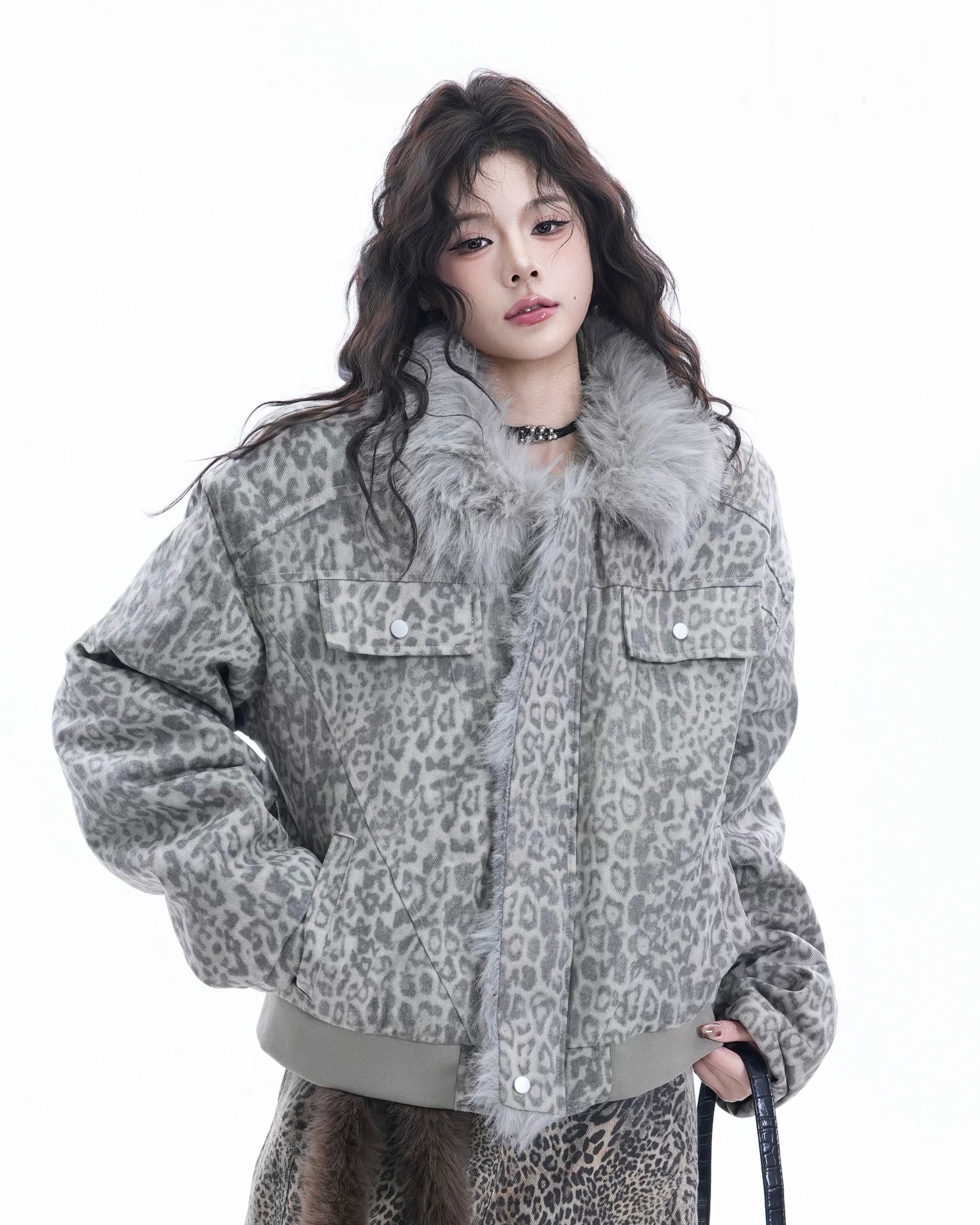 Leopard Faux Fur Trim Jacket mry002082