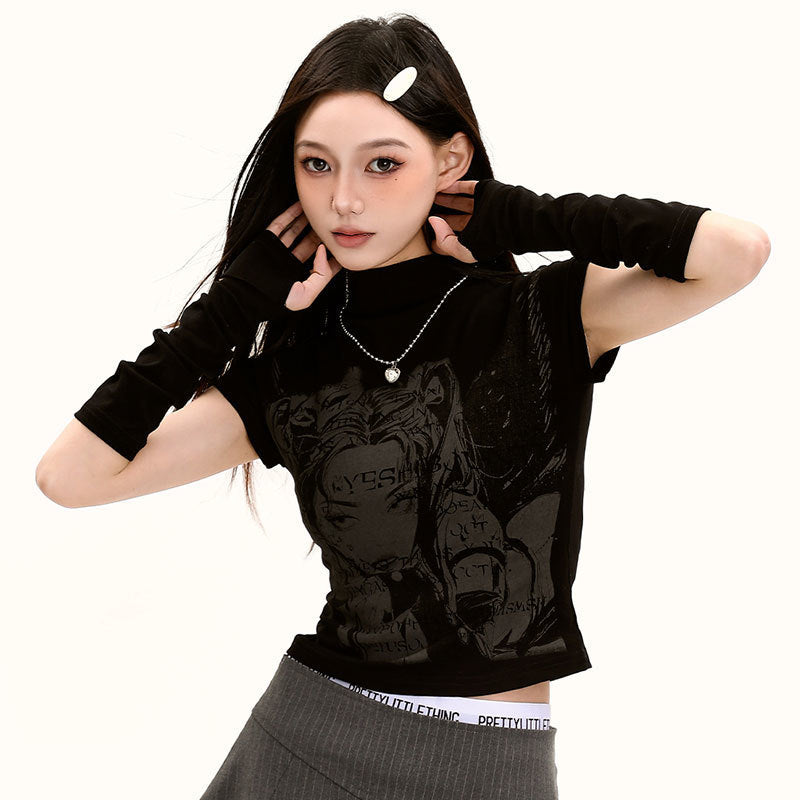 【2color】Cyber Graphic Mock Neck T-Shirt mry001713