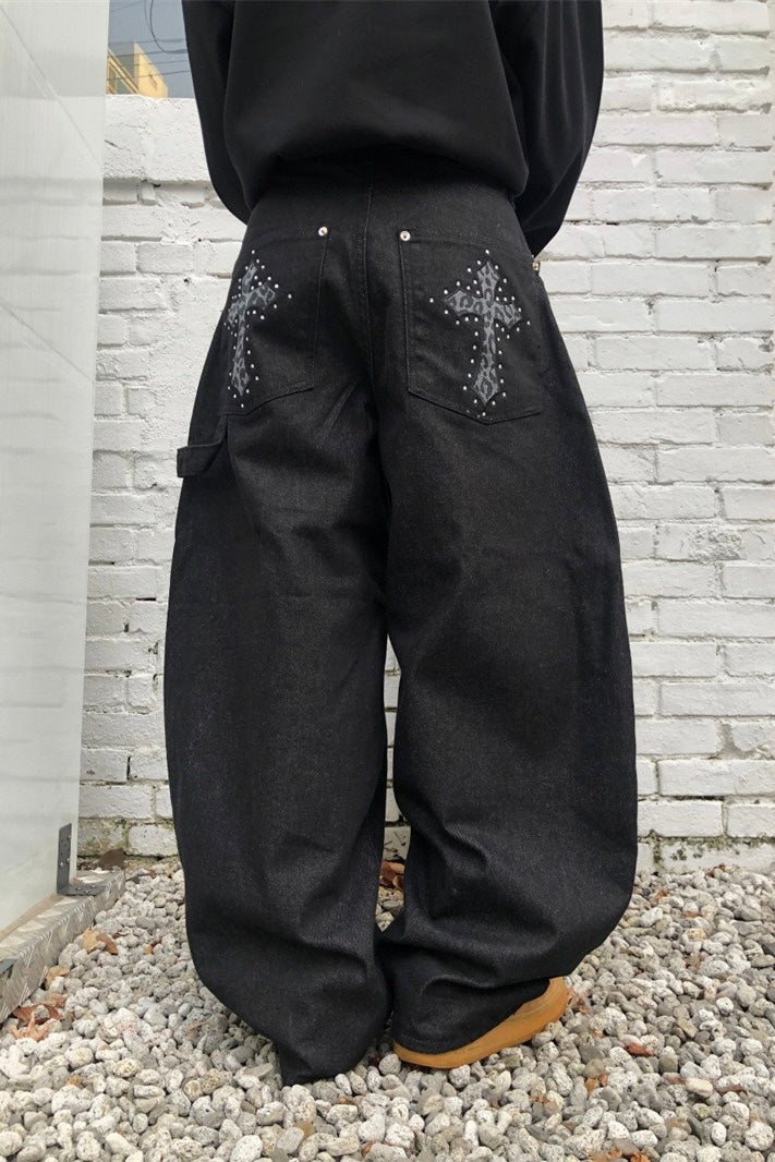 Baggy Cross Stud Wide Jeans mry002282